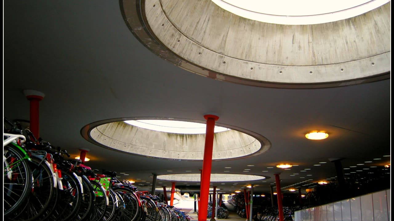 Een overdekte fietsenstalling bij een station, met rijen fietsen onder een betonnen dak met ronde lichtkoepels.